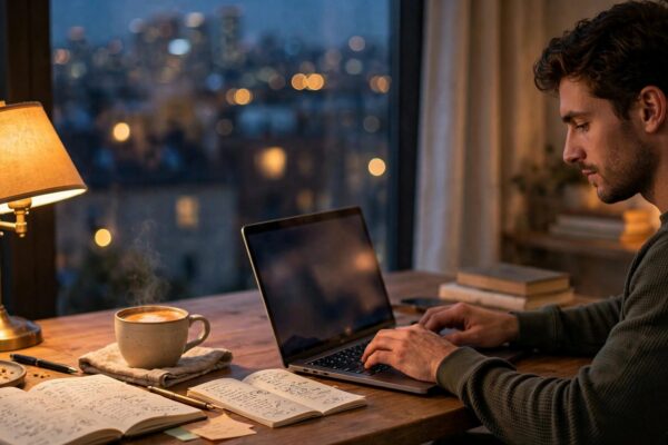 Freelancer working on a laptop at home in the evening